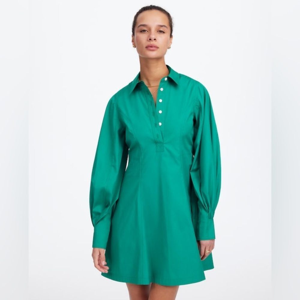 Madewell NWT Seamed Long-Sleeve Mini Shirt Dress Verdant Green Size 10 in Poplin